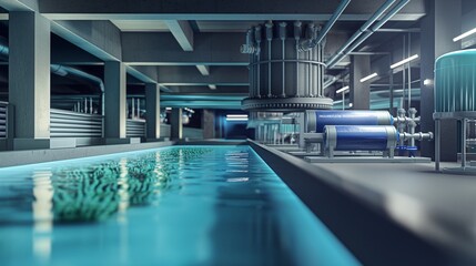 A detailed view of a buildinga??s high-efficiency water filtration and recycling system, depicted in an underground setting. 