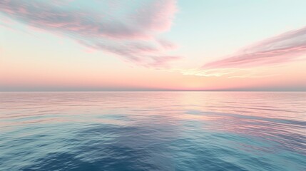 Tranquil ocean sunset with serene pastel sky reflections, evoking peace and calmness, perfect for relaxation and natural beauty concepts.