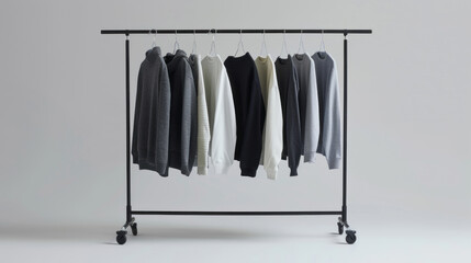 Row of sweaters on a clothing rack against neutral background