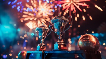 Trophies with colorful fireworks in the background, celebrating achievement and success during a festive celebration.