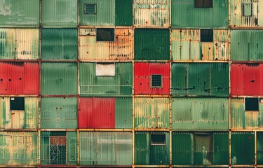 a image of a wall of green and red shipping containers