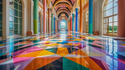 Vibrant and colorful modern hallway with stained glass and arched ceiling, sunlight reflecting on the geometric pattern floor art.