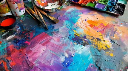Vibrant artist's workspace with colorful paint palette, paintbrushes, and mixed acrylics creating a dynamic, abstract art background.