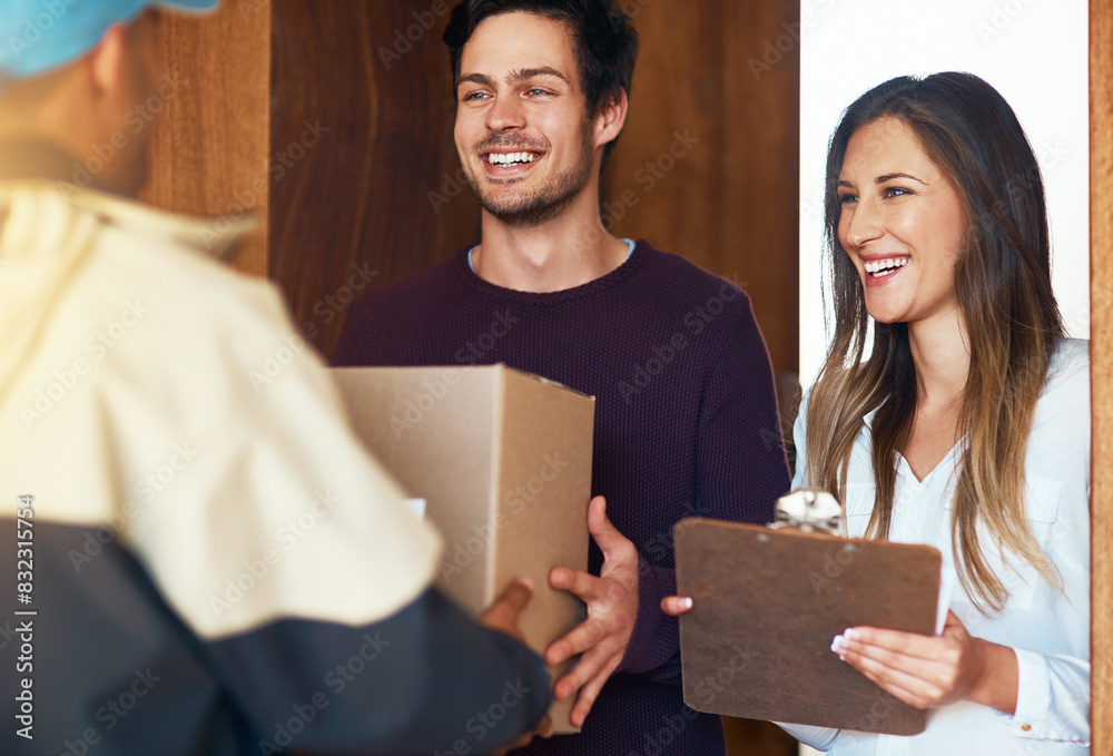 Poster e commerce, delivery man with package boxes and couple at front door for logistics. distribution or 