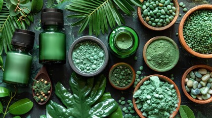 Blurred image of green products including natural skincare items, recycled paper goods, and organic pantry staples evoke a sense of calm and conscious consumerism.