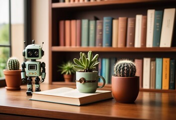 Anthropomorphic Cactus Still Life with Books on Side Table