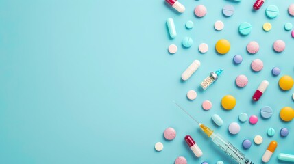 Medical background with copy space, top view of colorful microetiics like syringe and pills on blue pastel background