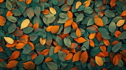 Background of autumn leaves in green and orange palette