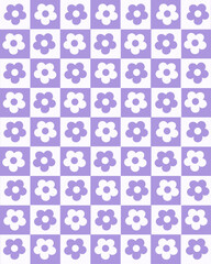 Retro floral seamless pattern illustration. Vintage style hippie flower background design collection. Geometric checkered wallpaper print, spring season nature backdrop texture with daisy flowers.