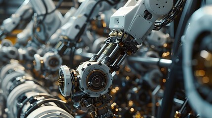Fototapeta premium Within the confines of a state-of-the-art factory, robotic arms assemble intricate high-tech engines with flawless efficiency, showcasing the marriage of craftsmanship and automation