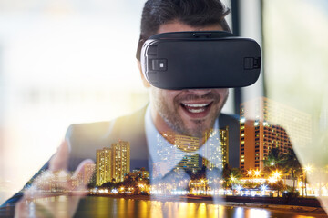 Business, man and happy for vr with city overlay for future technology, headset and virtual reality...