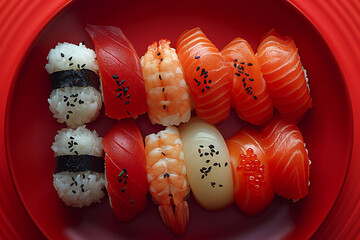 Artistic Sushi & Shrimp Platter in White Setting - Captivating Food Photography