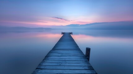 Naklejka premium A long wooden pier extends into the calm lake at dawn, surrounded by serene blue and purple hues of sky and water, creating an atmosphere of tranquility and peace.