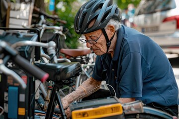 Naklejka premium a image of a man in a helmet is looking at a bike