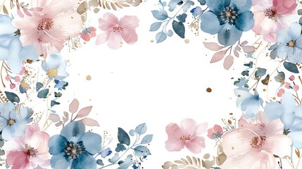 watercolor frame with pink and blue flowers, gold border, white background
