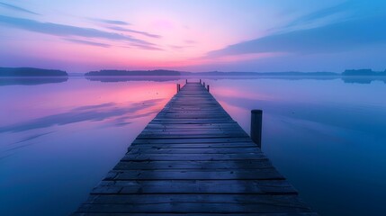 Fototapeta premium A long wooden pier extends into the calm lake at dawn, surrounded by serene blue and purple hues of sky and water, creating an atmosphere of tranquility and peace.