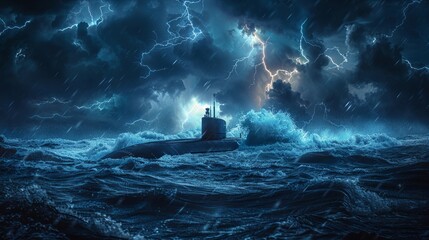 Submarine navigating stormy seas under dramatic lightning-filled sky