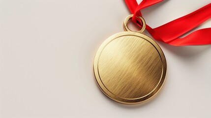 Shiny Gold Medal with Vibrant Red Ribbon on Light Background for Competition, Awards, Sports Achievement, and Holiday Celebrations