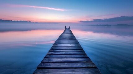 Naklejka premium A long wooden pier extends into the calm lake at dawn, surrounded by serene blue and purple hues of sky and water, creating an atmosphere of tranquility and peace.