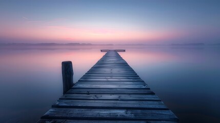 Naklejka premium A long wooden pier extends into the calm lake at dawn, surrounded by serene blue and purple hues of sky and water, creating an atmosphere of tranquility and peace.