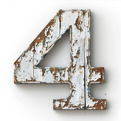 The number 4 is carved out of wood and has a rustic, weathered appearance. The wood grain is visible and the number is outlined in white. Scene is nostalgic and rustic