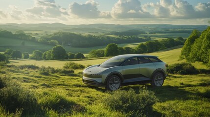 Fototapeta premium A family-sized hybrid vehicle traveling through a lush green countryside, emphasizing the vehicleant