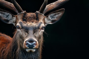 Mystic portrait of Red Deer, copy space on right side, Anger, Menacing, Headshot, Close-up View Isolated on black background