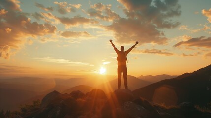 Man with arms up celebrating on top of the mountains - Hiker enjoying freedom on a hill at sunset - Freedom, sport, success and mental health concept 