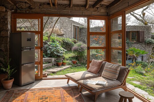 Cozy sunroom with wooden furniture and garden view, creating a warm and inviting space
