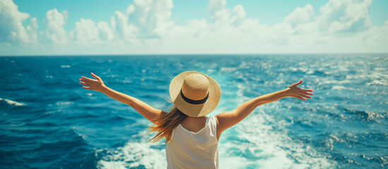 happy woman enjoying with open hands on sea, summer travel concept background