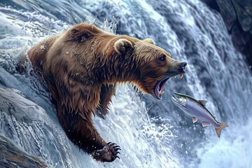 Fototapeta premium Grizzly Bear Catching Salmon in Rapids