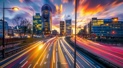 Urban traffic lights streaking at dusk