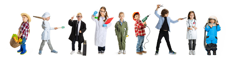 Collage. Portrait of little boys and girls, children in image of different professions posing isolated over multicolored background. Concept of profession,. employment, diversity, choice