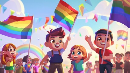 Naklejka premium Cute cartoon characters hold rainbow flags and cheer in a lively Pride Month parade