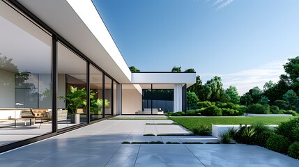 A modern minimalist house with large windows and a concrete floor, surrounded by green grass in the background. showcasing a spacious patio area with seating and plants.