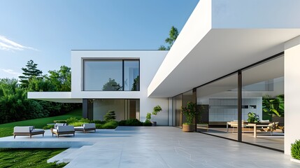 A modern minimalist house with large windows and a concrete floor, surrounded by green grass in the background. showcasing a spacious patio area with seating and plants.