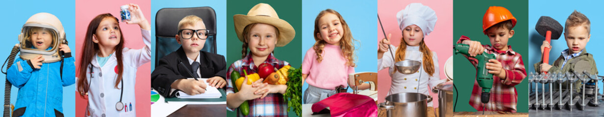 Collage. Portrait of little boys and girls, children in image of different professions posing...