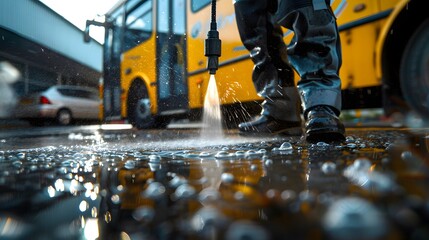 Obraz premium A person in high-end workwear is spraying water from an industrial sprayer. The overall mood should be professional and energetic.
