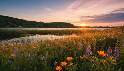 A tranquil lake at sunset with wildflowers in bloom along the shore. Ideal for nature calendars, travel brochures, and websites promoting serenity and relaxation.
