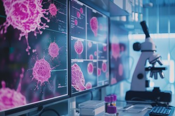 Modern lab featuring a detailed poster of pink cancer cells and MRI charts close up, medical research, realistic, Composite, lab bench backdrop