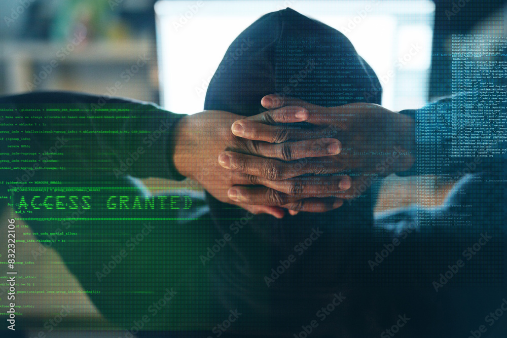 Leinwandbilder Man, hacker and code on computer at night for spy, success information or ransomware with programming on website for overlay. Person, done and cybersecurity with password, software or hacking crime