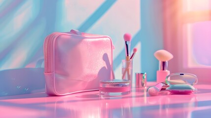 A pink makeup bag with various beauty products and brushes on the table against a pastel...