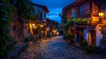 Fototapeta premium Blue Hour Charm: Quaint Village Illuminated in Warm Twilight Glow