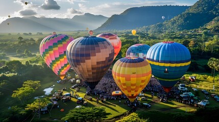 Fototapeta premium Captivating Hot Air Balloon Festival Amidst Serene Mountain Landscapes