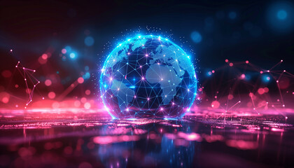 A futuristic, glowing digital globe connected by network lines, showcasing the concept of global communication and technology.