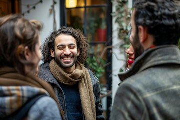 Group of friends talking and laughing in the street. Focus on the man