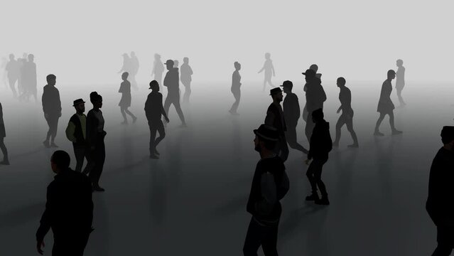 Silhouettes of many people walking slowly in fog. People, spirits, phantoms, walking in mist, haze, after life plane. Slow motion. 3d animation render