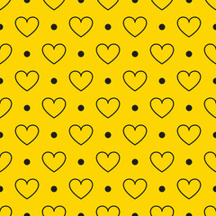 Background, seamless yellow pattern with hearts and circles.