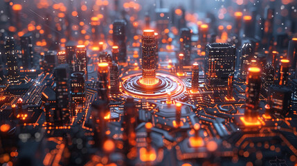 Smart city infrastructure with holographic overlays, modern design, cool tones, hightech, 3D rendering