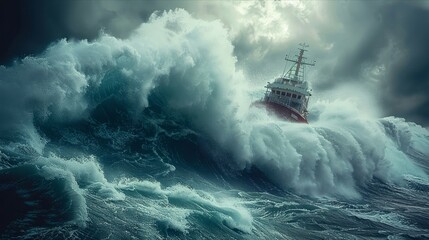 Powerful ocean waves engulfing ship highlighting nature’s raw power